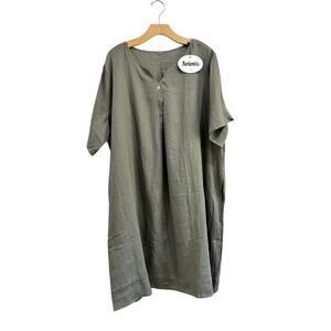 Boutique Olive Linen V Neck T Shirt Dress Boho Lagenlook Oversized 2XL